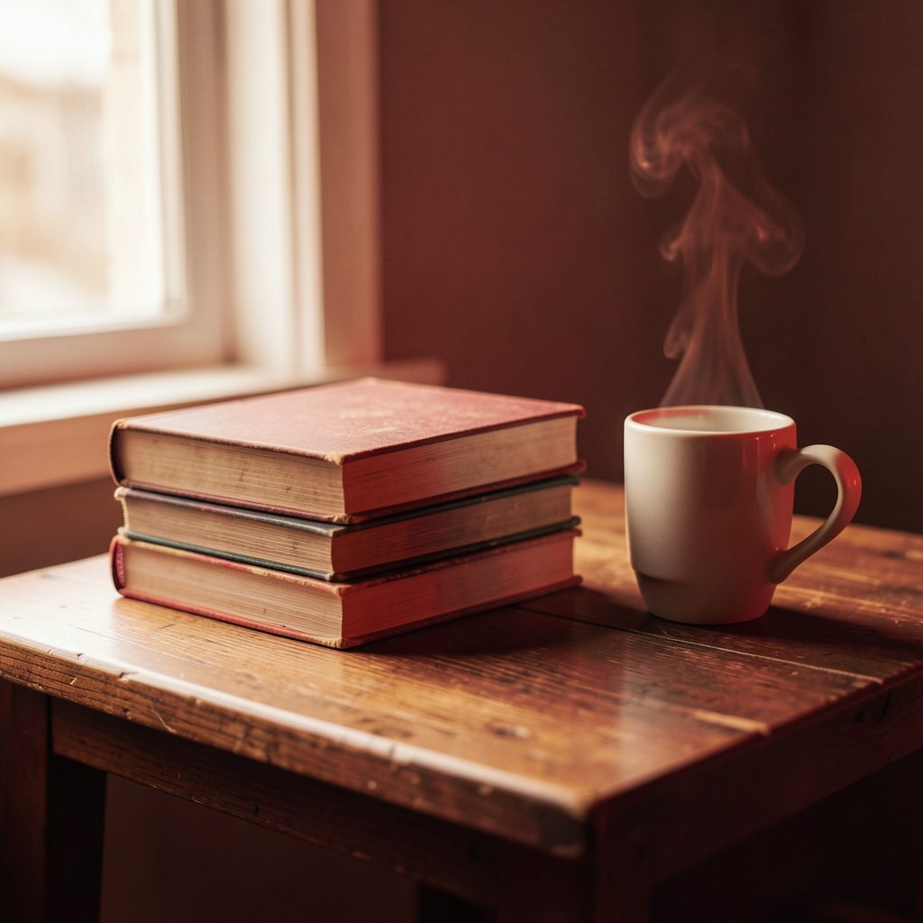A stack of well-worn hardcover books on a wooden side table beside a steaming mug, warm amber and cream tones, soft window light.