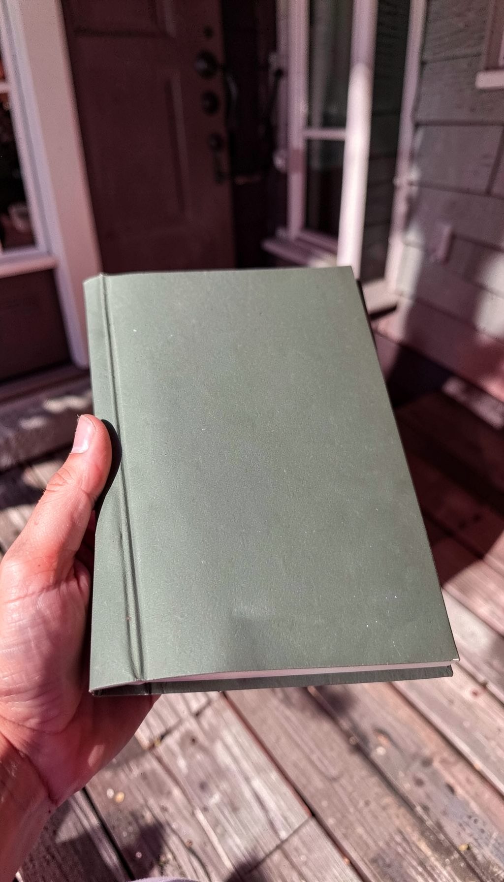 A slim paperback with a muted green cover, held open by a reader's hand, natural daylight on a porch.