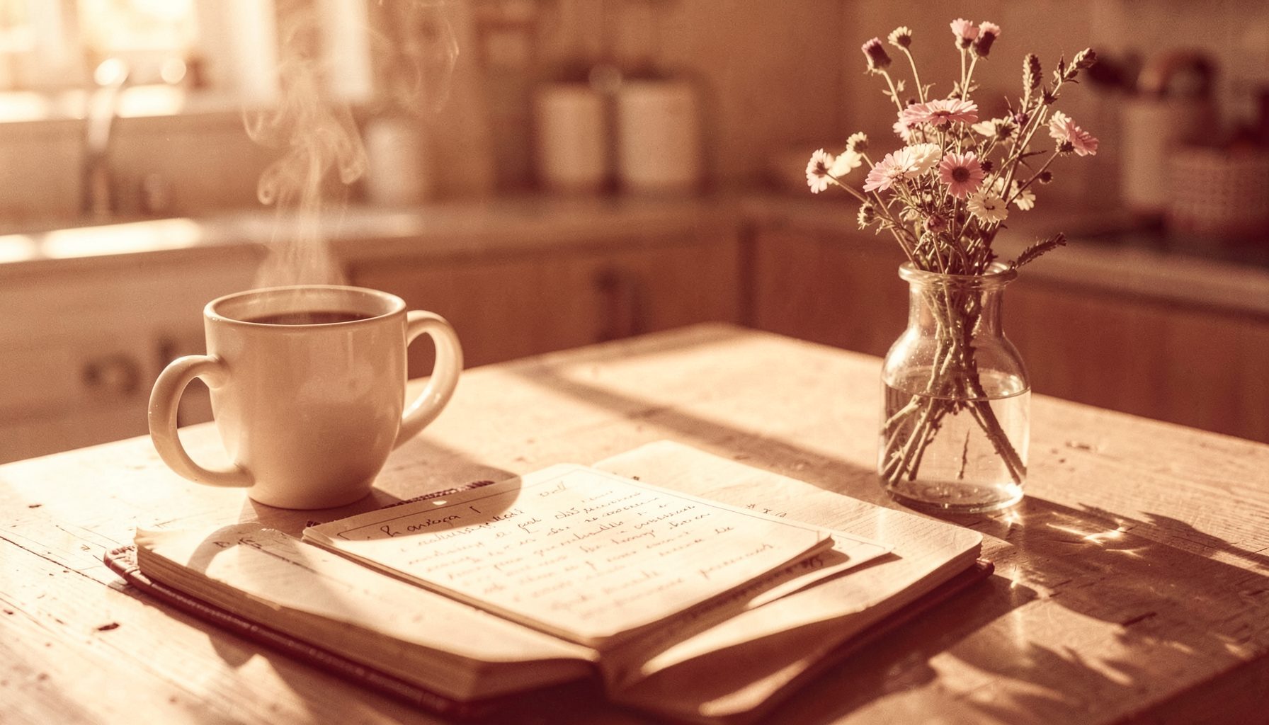 A sunlit kitchen table with a handwritten journal, a steaming mug of coffee, and a small vase of wildflowers, warm cream and soft golden tones.