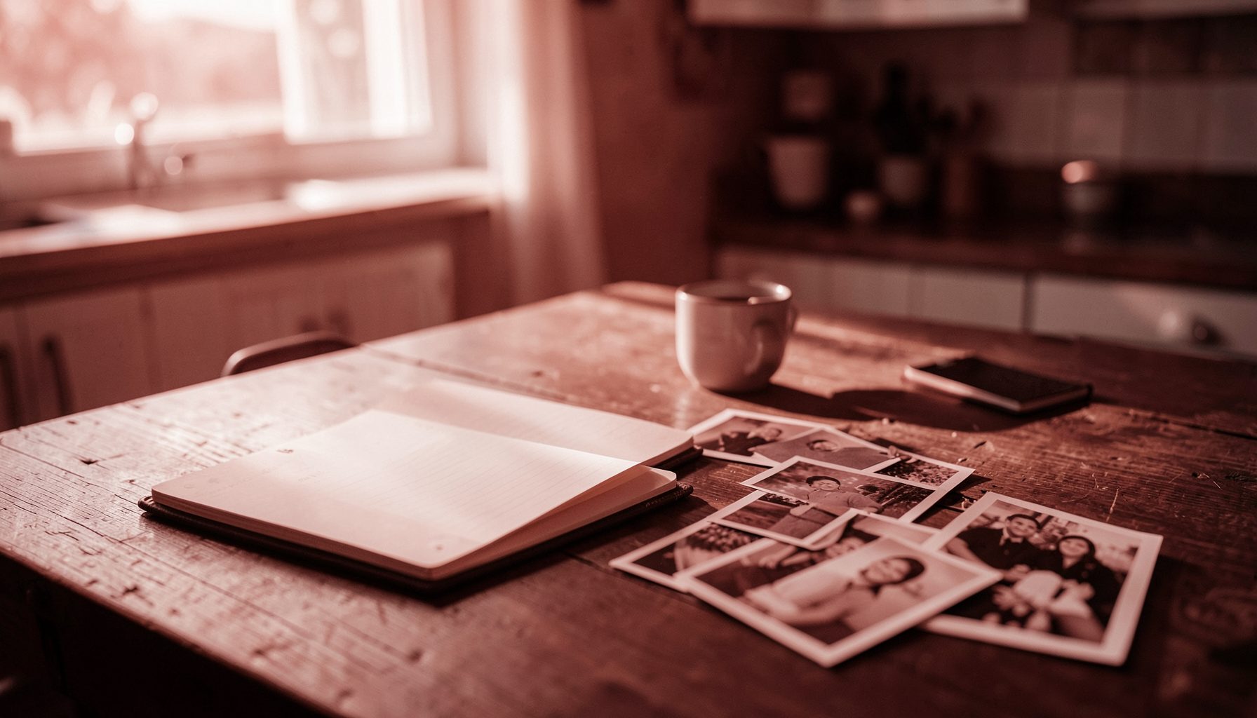 A warmly lit kitchen table with a notebook, coffee mug, and scattered family photographs in soft morning light
