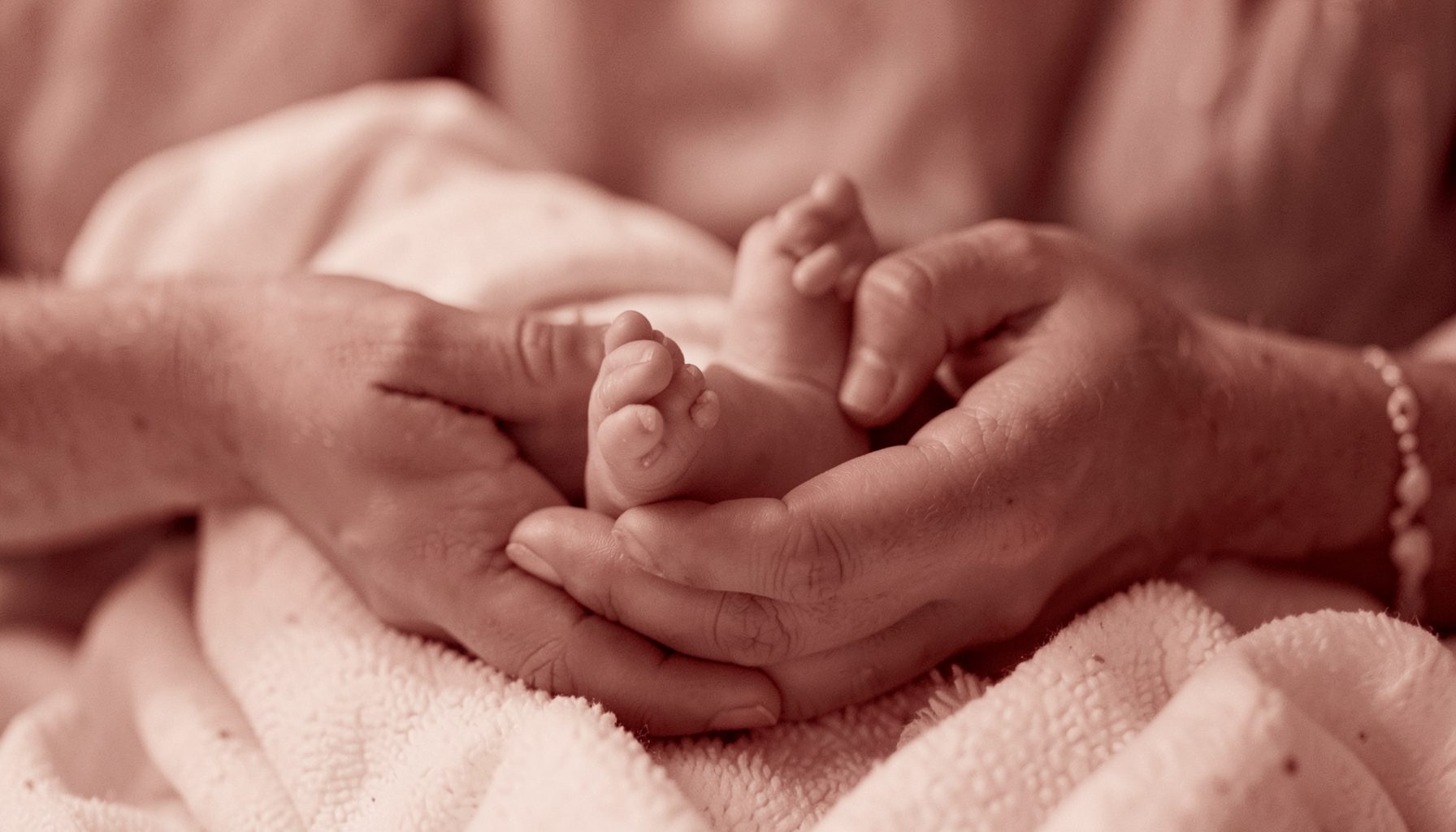 A mother's hands gently holding a newborn's tiny feet, soft cream blanket, warm gentle light