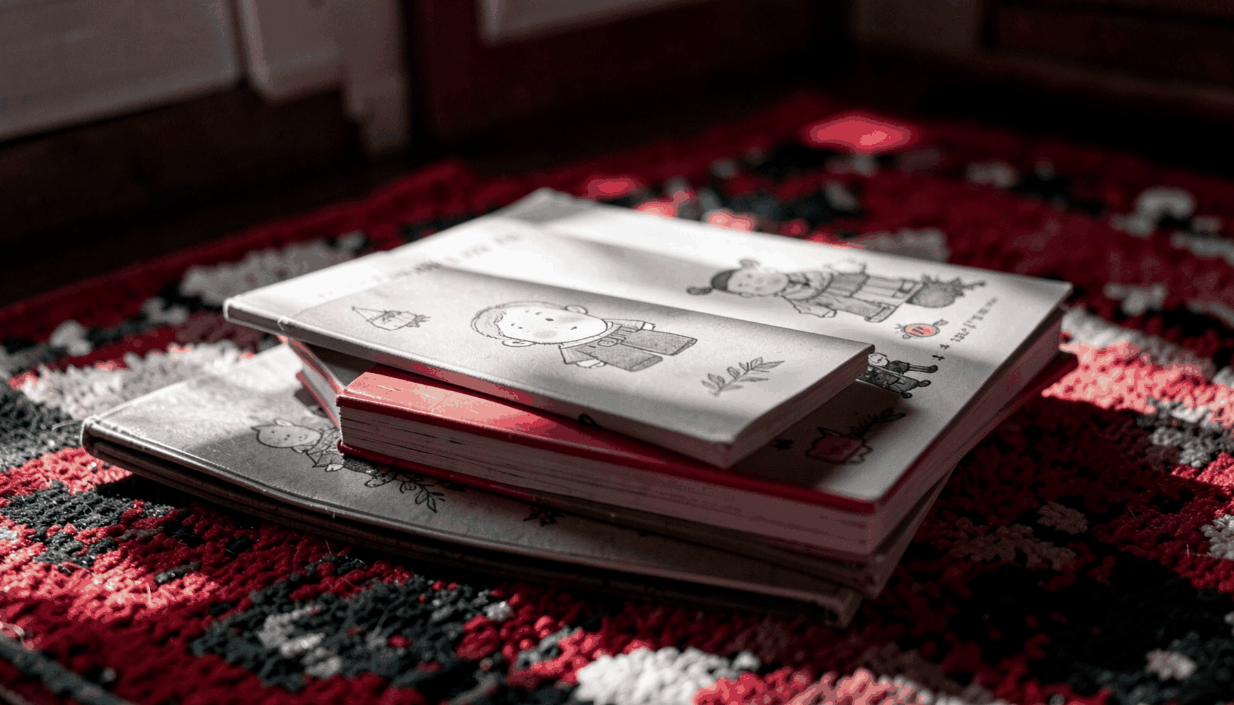 A stack of children's picture books on a colorful rug with morning sunlight streaming across