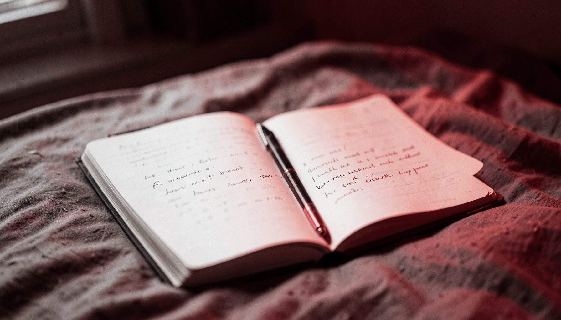 A handwritten journal open on a bed with a pen resting beside it, soft bedroom light