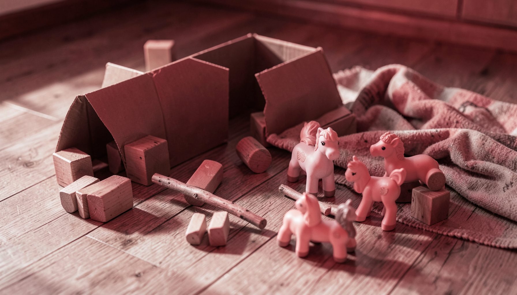 A scattered collection of classic children's toys on a warm wooden floor: wooden blocks, a cardboard box turned into a fort, a stick, a blanket, and a few well-loved My Little Ponies, bathed in soft afternoon light.